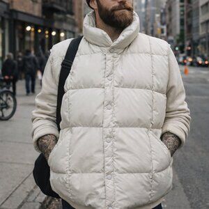 Lands' End Down Puffer Vest Stone Nylon Snap Front Mens L 42-44